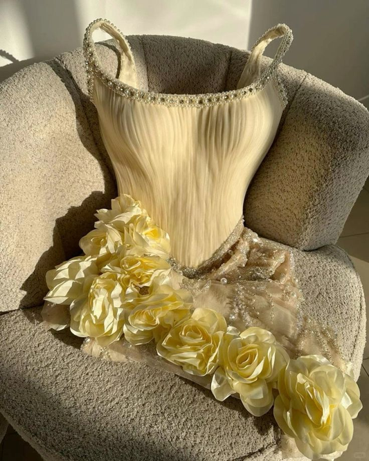Classy Yellow 3D Flowers Short Birthday Dress Homecoming Dress Cocktail Dress  S370