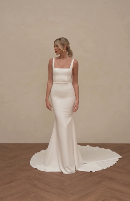 Mermaid Spaghetti Strap White Satin Long Sweep Wedding Dress Prom Dress SH4126