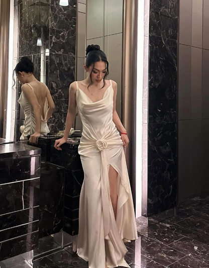 Elegant Mermaid Straps 3D Flower Ivory Satin Long Prom Dress Evening Dress SH2112