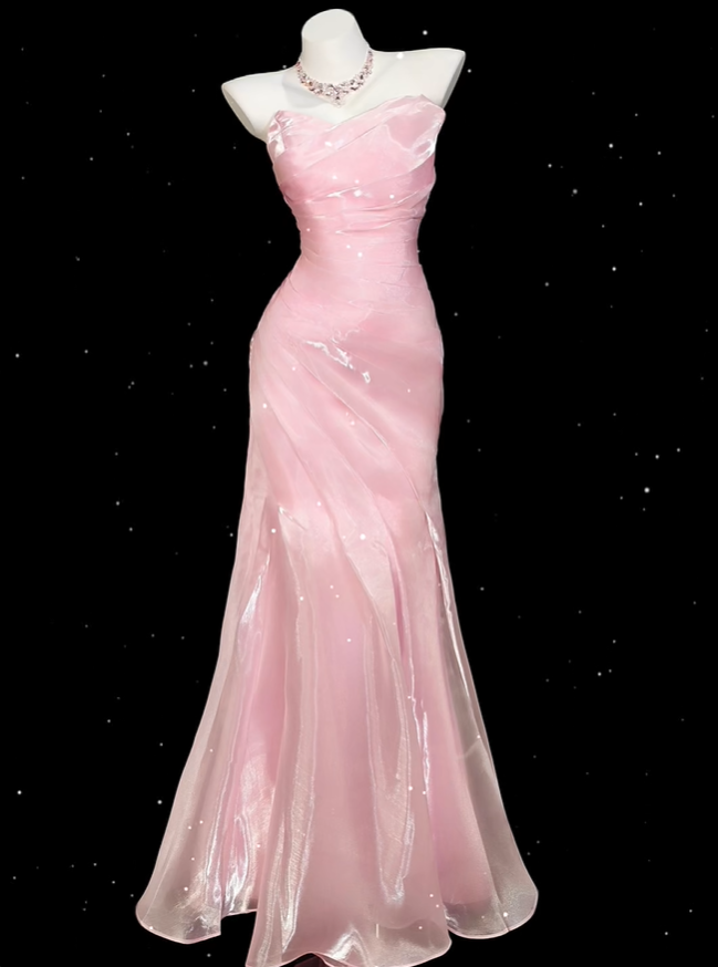 Classy Pink Strapless Organza Pleated Mermaid Long Birthday Party Dress Evening Gown D2355