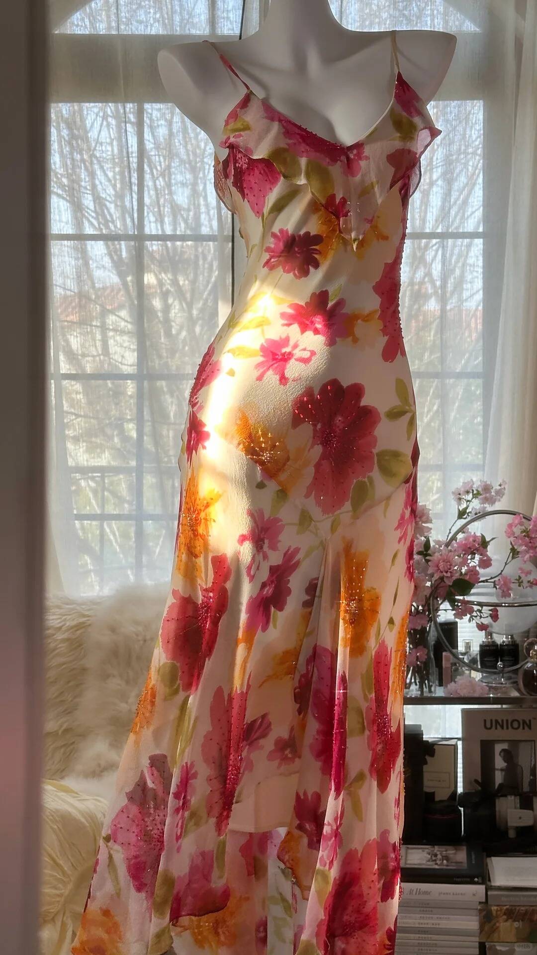 Flowy Mermaid Spaghetti Strap Print Flower Beaded Chiffon Party Dress SH3291