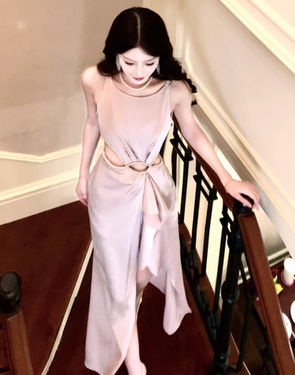 Light Pink A Line Straps Rhinestone Satin Prom Dress Evening Dress Formal Dress with Slit SH4085