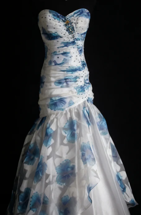 Elegant Sweetheart Neck Blue Tulle Print Floral Mermaid Long Prom Dresses Birthday Party Dress D1516