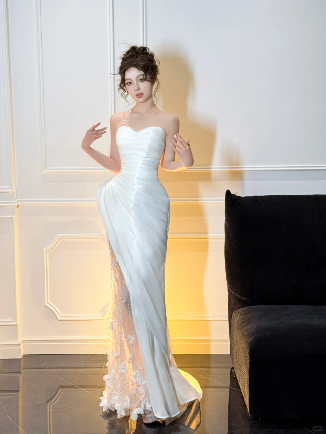 White Mermaid Strapless Floral Pleated Satin Tulle Long Prom Dress Party Dress SH4687