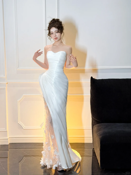 White Mermaid Strapless Floral Pleated Satin Tulle Long Prom Dress Party Dress SH4687