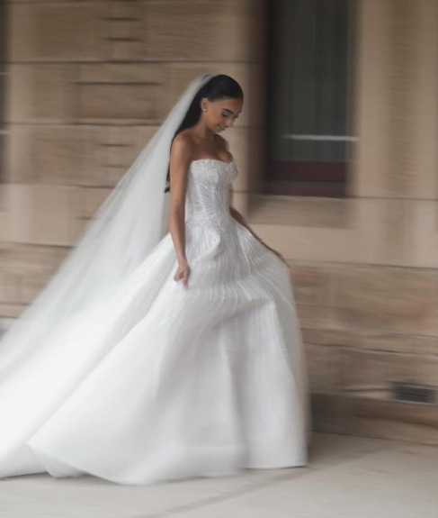 White Ball Gown Strapless Beaded Sequin Tulle Long Sweep Prom Dress Wedding Dress SH4772