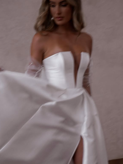 A Line Deep V Neck Satin Long Sweep Wedding Dress Prom Dress with Slit SH4127