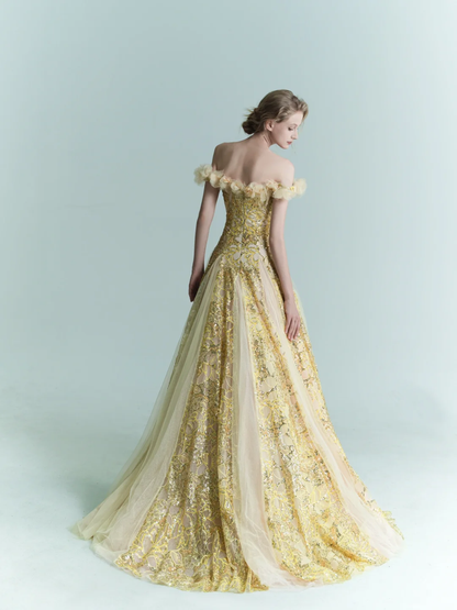 Yellow A Line Off the Shoulder Floral Sequin Tulle Prom Dress Evening Dress SH4225