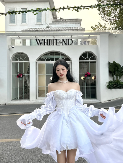 Princess White A Line Long Sleeve Chiffon Satin Long Sweep Party Dress Evening Dress SH3406