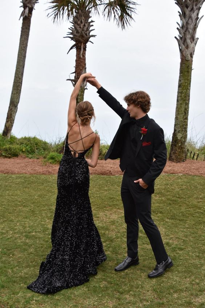 Spaghetti Straps V Neck Black Sequin Evening Dress Slit Backless Prom Dress SH1088