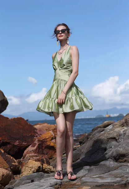 Green A Line V Neck Satin Open Back Short Homecoming Dress Vacation Dress Outfits SH3994