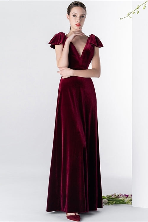 Cap Sleeves Burgundy Velvet Long Dress