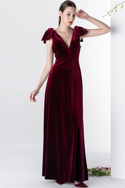 Cap Sleeves Burgundy Velvet Long Dress