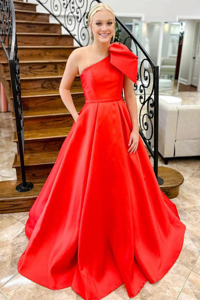 Casual Satin A-Line One Shoulder Empire With Pockets Prom Dress
