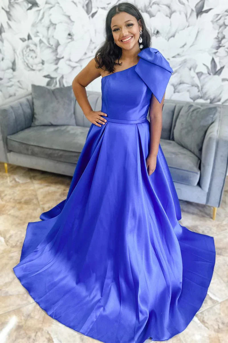 Casual Satin A-Line One Shoulder Empire With Pockets Prom Dress