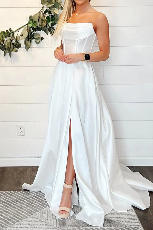 Casual Satin A-Line Strapless Empire Long Wedding Dress