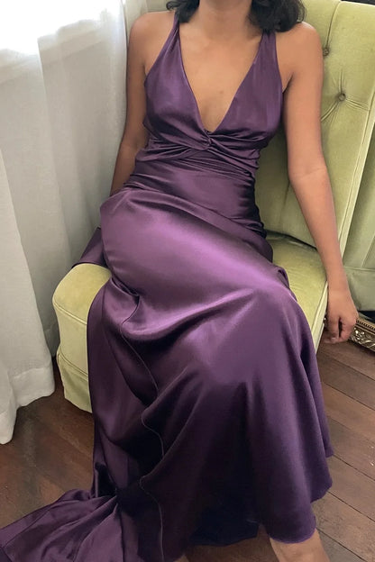 Casual Halter Satin A-Line V-Neck Lace Up Party Prom Dress