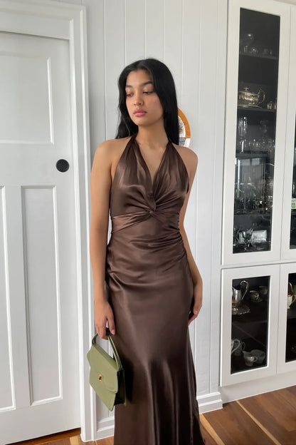 Casual Halter Satin A-Line V-Neck Lace Up Party Prom Dress