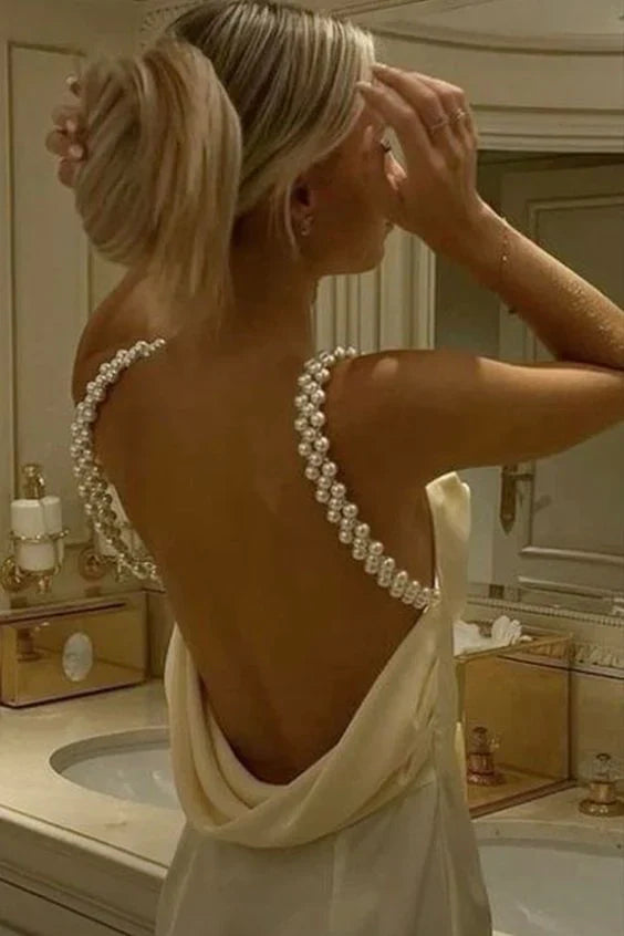 Casual Satin Backless Pearls Straps Long Party Prom Dress