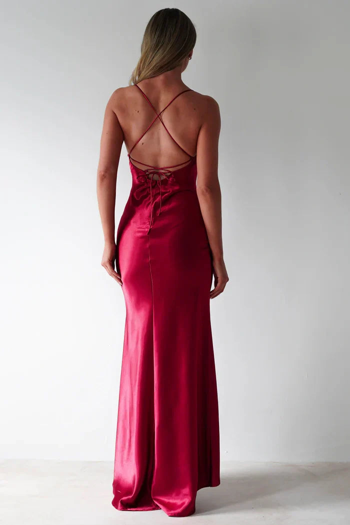 Casual Satin Bateau Lace Up Party Prom Dress With Slit