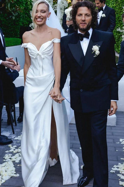 Casual Satin Off-Shoulder Mermaid Wedding Dress With Slit
