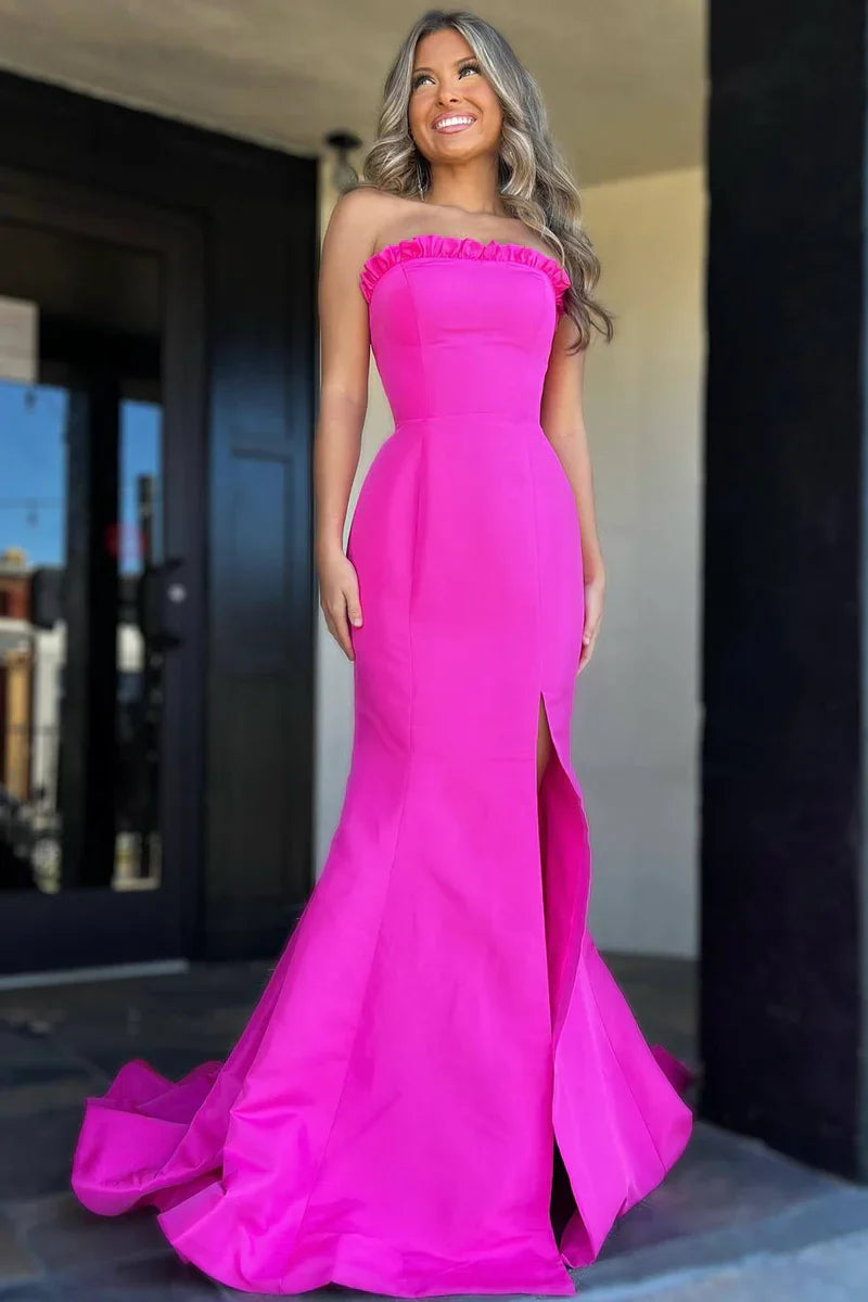 Ruffle Strapless Satin Mermaid Party Prom Dress With Train
