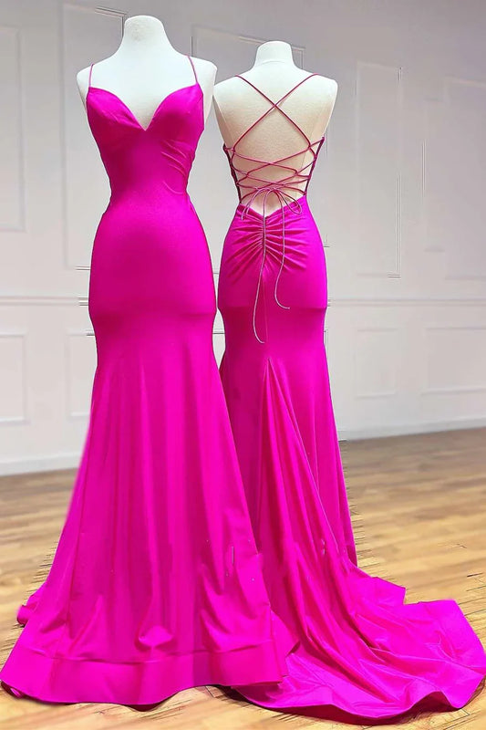 Casual V-Neck Sleeveless Lace Up Satin Trumpet Prom Dress