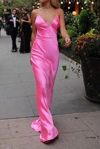 Casual V-Neck Spaghetti Straps Open Back Bridesmaid Dress