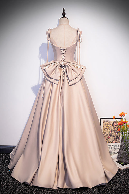 Square Straps A-Line Lace-Up Satin Prom Dress With Bow