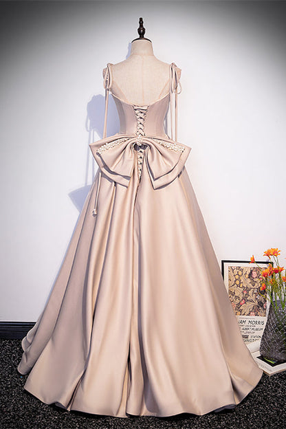 Square Straps A-Line Lace-Up Satin Prom Dress With Bow