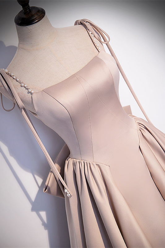 Square Straps A-Line Lace-Up Satin Prom Dress With Bow