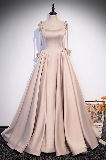 Square Straps A-Line Lace-Up Satin Prom Dress With Bow