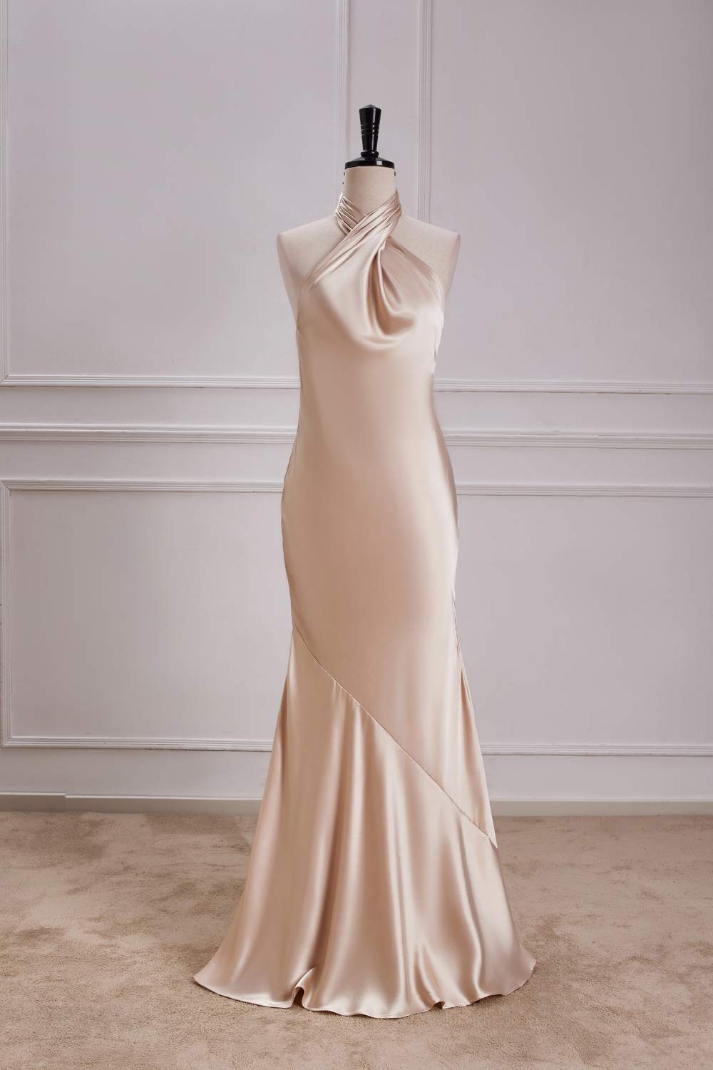 Champagne Crossed Halter Mermaid Ruffled Satin Long Bridesmaid Dress
