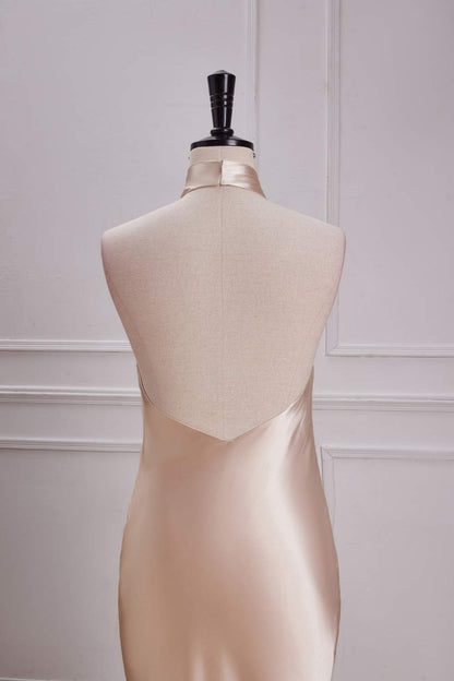 Champagne Crossed Halter Mermaid Ruffled Satin Long Bridesmaid Dress
