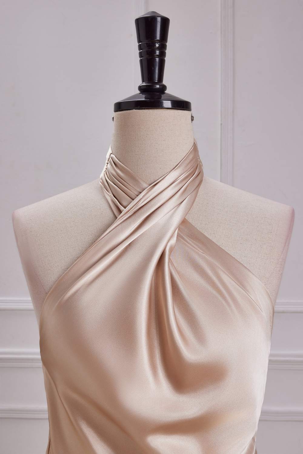Champagne Crossed Halter Mermaid Ruffled Satin Long Bridesmaid Dress
