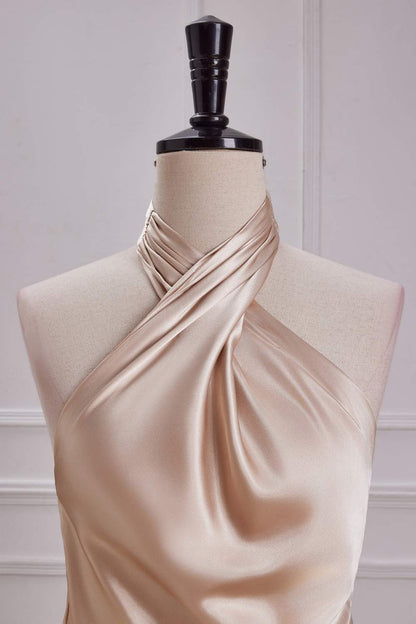 Champagne Crossed Halter Mermaid Ruffled Satin Long Bridesmaid Dress