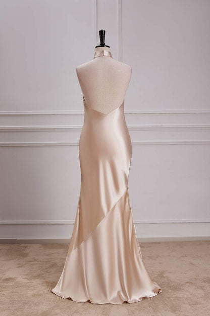 Champagne Crossed Halter Mermaid Ruffled Satin Long Bridesmaid Dress