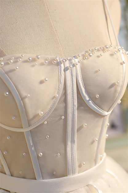 Champagne Spaghetti Straps Beading Tulle Princess Homecoming Dresses