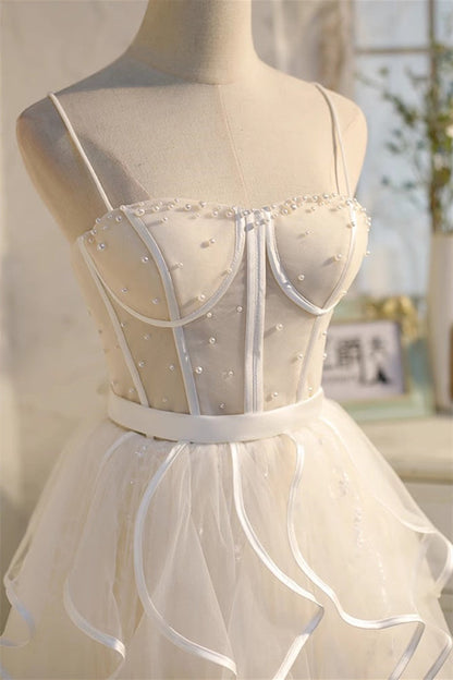 Champagne Spaghetti Straps Beading Tulle Princess Homecoming Dresses
