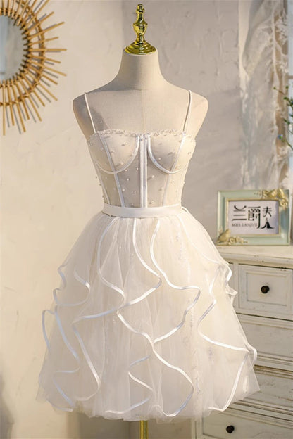 Champagne Spaghetti Straps Beading Tulle Princess Homecoming Dresses