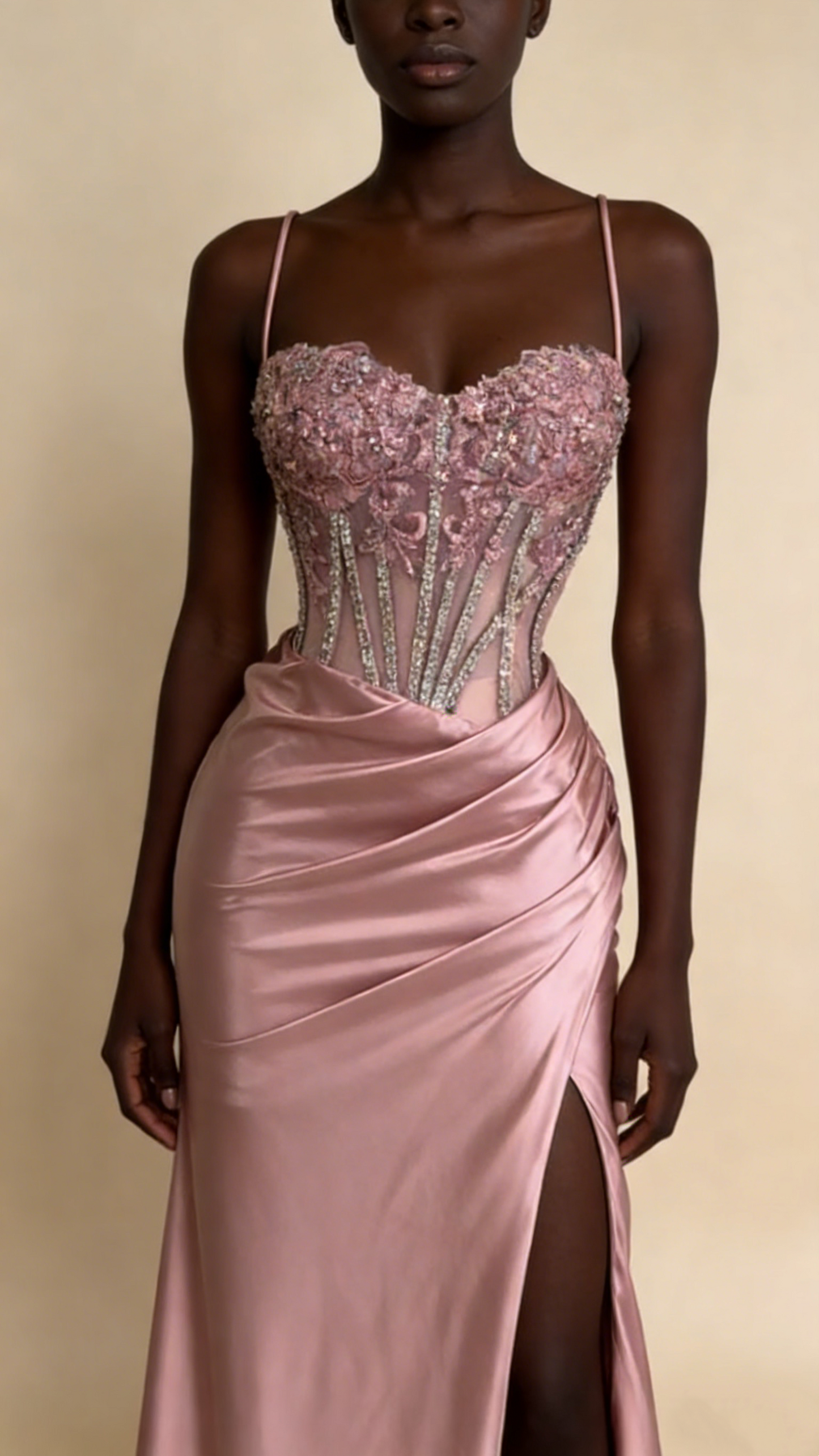 Charming Prom Dress Pink Spaghetti Straps Beaded Satin Long Evening Party Dress Birthday Outfits, D1018