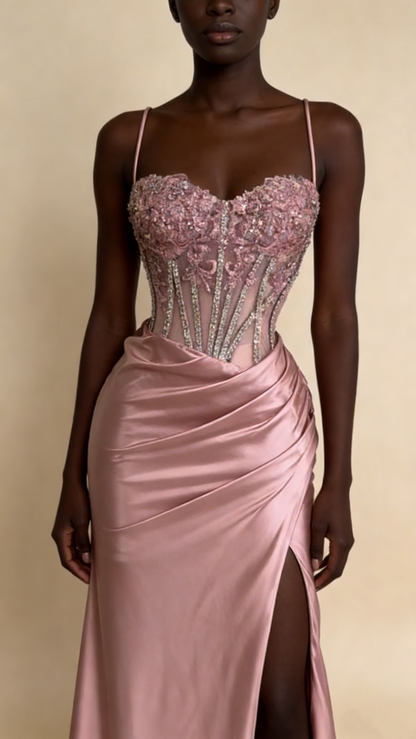 Charming Prom Dress Pink Spaghetti Straps Beaded Satin Long Evening Party Dress Birthday Outfits, D1018