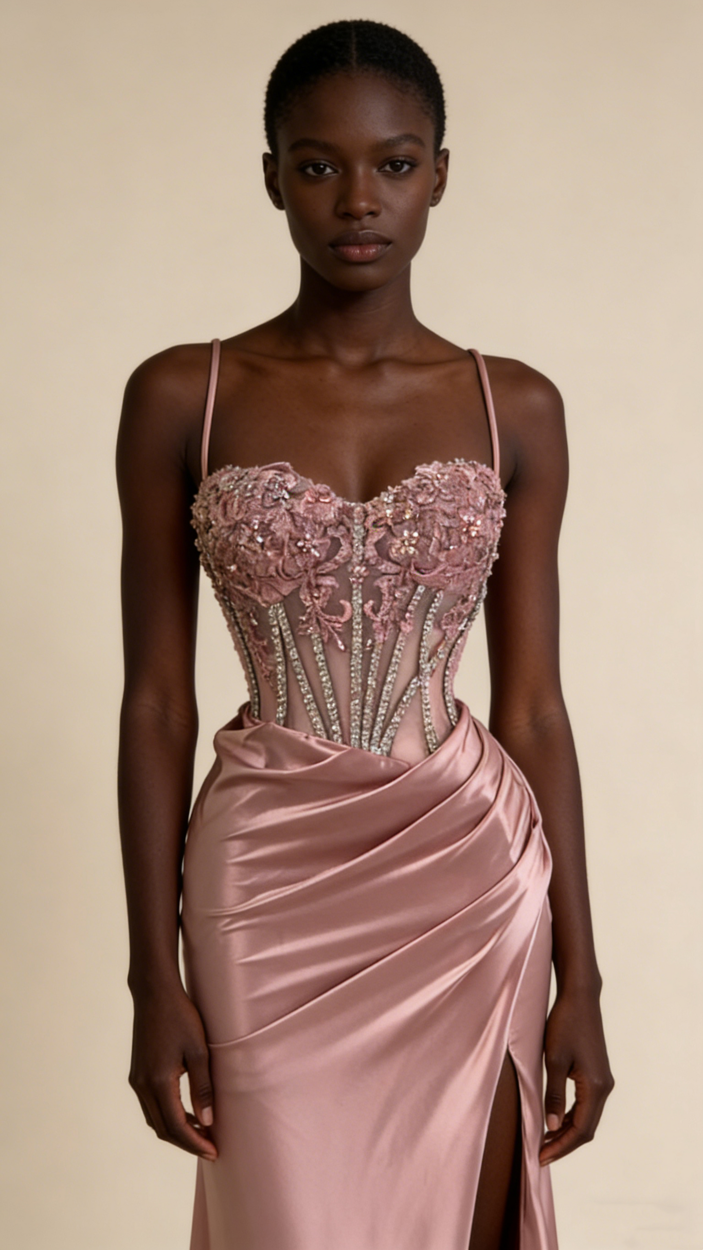 Charming Prom Dress Pink Spaghetti Straps Beaded Satin Long Evening Party Dress Birthday Outfits, D1018
