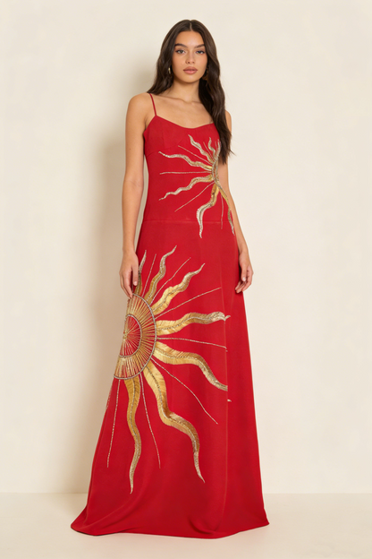 Charming Red Spaghetti Straps A-Line Embroidery Long Evening Dress, D78