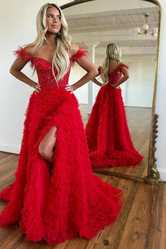 Sweetheart Straps Tulle A-Line Ruffle Party Prom Dress With Slit