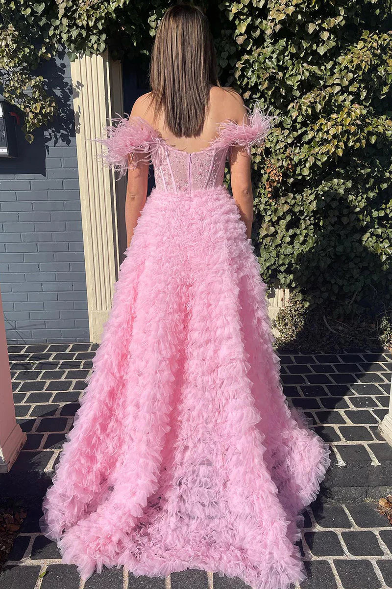 Sweetheart Straps Tulle A-Line Ruffle Party Prom Dress With Slit