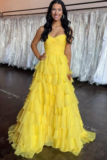 Chic A-Line Strapless Empire Long Tiered Party Prom Dress