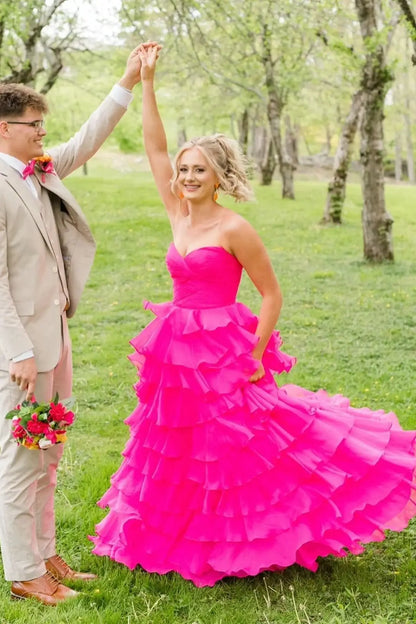 Chic A-Line Strapless Empire Long Tiered Party Prom Dress