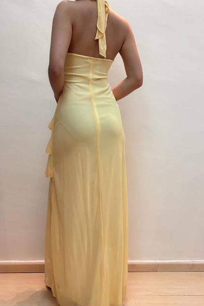 Chic Chiffon A-Line V-Neck Halter Ruffled Party Evening Dress