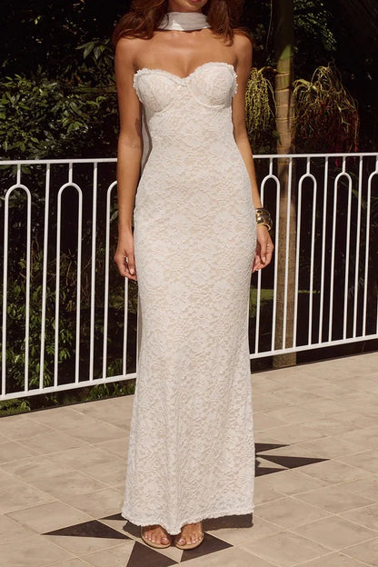 Chic Fully Lace Sweetheart Strapless Fitted Party Prom Dress